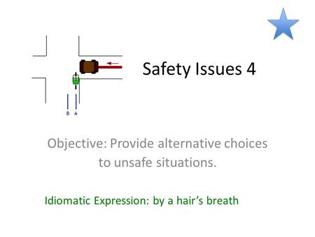 Safety Issues 4 Objective: Provide alternative choices to unsafe situations. Idiomatic Expression: by a hair’s breath.