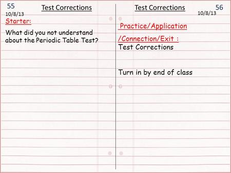 Starter: What did you not understand about the Periodic Table Test? 56 55 Test Corrections 10/8/13 Practice/Application /Connection/Exit : Test Corrections.