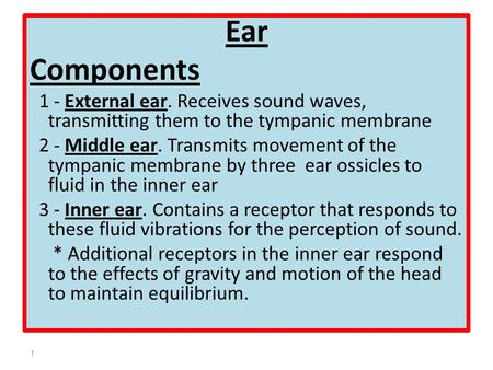 Ear Components 1 - External ear. Receives sound waves, transmitting them to the tympanic membrane 2 - Middle ear. Transmits movement of the tympanic membrane.