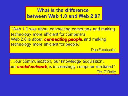 “…our communication, our knowledge acquisition, social network our social network, is increasingly computer mediated.” Tim O’Reilly What is the difference.