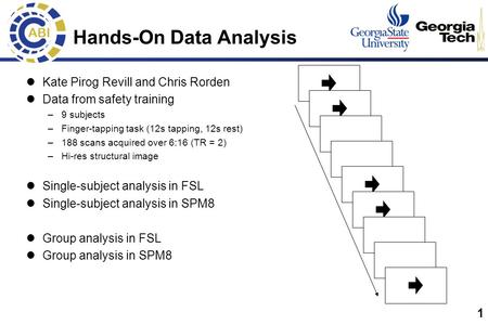 1 Hands-On Data Analysis Kate Pirog Revill and Chris Rorden Data from safety training –9 subjects –Finger-tapping task (12s tapping, 12s rest) –188 scans.