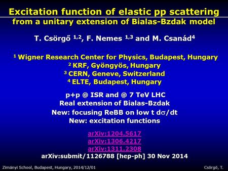 Zimányi School, Budapest, Hungary, 2014/12/01 Csörgő, T. 1 Excitation function of elastic pp scattering from a unitary extension of Bialas-Bzdak model.