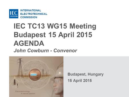 INTERNATIONAL ELECTROTECHNICAL COMMISSION IEC TC13 WG15 Meeting Budapest 15 April 2015 AGENDA John Cowburn - Convenor Budapest, Hungary 15 April 2015.