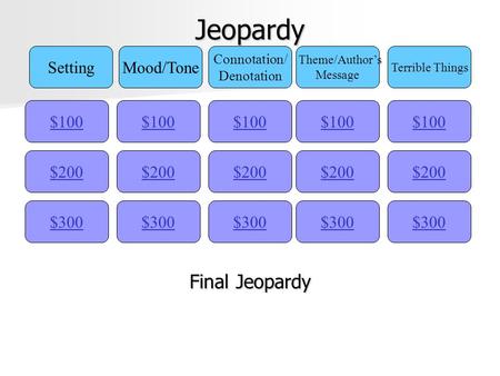 Jeopardy $100 SettingMood/Tone Connotation/ Denotation Theme/Author’s Message Terrible Things $200 $300 $200 $100 $300 $200 $100 $300 $200 $100 $300 $200.