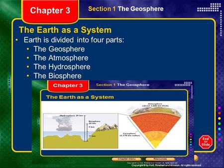 Chapter 3 The Earth as a System Earth is divided into four parts: