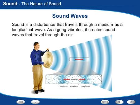 Sound - The Nature of Sound Sound Waves Sound is a disturbance that travels through a medium as a longitudinal wave. As a gong vibrates, it creates sound.