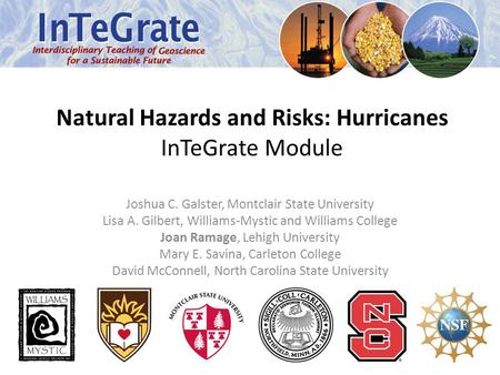 Natural Hazards and Risks: Hurricanes InTeGrate Module Joshua C. Galster, Montclair State University Lisa A. Gilbert, Williams-Mystic and Williams College.