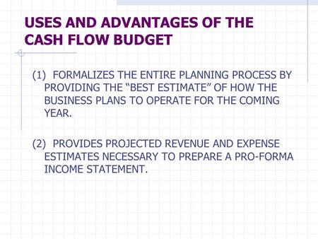 USES AND ADVANTAGES OF THE CASH FLOW BUDGET (1) FORMALIZES THE ENTIRE PLANNING PROCESS BY PROVIDING THE “BEST ESTIMATE” OF HOW THE BUSINESS PLANS TO OPERATE.
