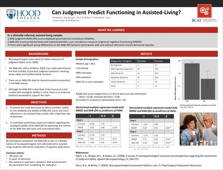 WHAT WE LEARNED In a clinically-referred, assisted living sample: 1.NAB Judgment (NAB-JDG) scores displayed good internal consistency reliability. 2.NAB-JDG.