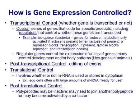How is Gene Expression Controlled? Transcriptional Control (whether gene is transcribed or not) –Operon: series of genes that code for specific products,