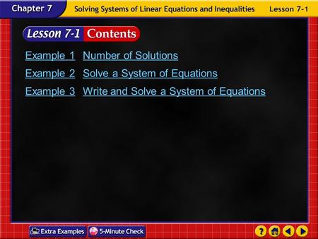 Lesson 1 Contents Example 1Number of Solutions Example 2Solve a System of Equations Example 3Write and Solve a System of Equations.