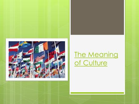The Meaning of Culture. What is Culture?  All the things that make a people’s entire way of life  Food  Traditions  Education  Clothes  Music 