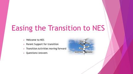Easing the Transition to NES  Welcome to NES  Parent Support for transition  Transition Activities moving forward  Questions/Answers.