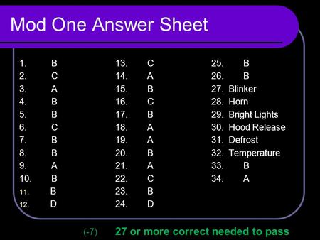 Mod One Answer Sheet 1.B13.C25.B 2.C14.A26.B 3.A15. B27. Blinker 4.B16.C28. Horn 5.B17.B29. Bright Lights 6.C18.A30. Hood Release 7.B19.A31. Defrost 8.B20.B32.