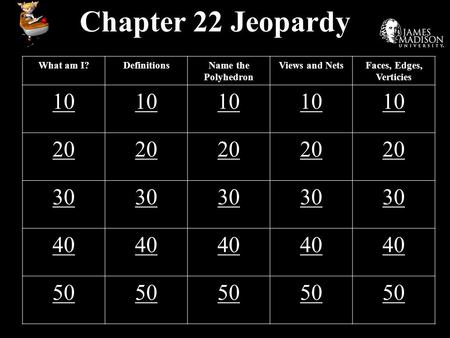 Chapter 22 Jeopardy What am I?DefinitionsName the Polyhedron Views and NetsFaces, Edges, Verticies 10 20 30 40 50.