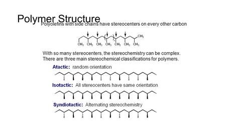 Polymer Structure Polyolefins with side chains have stereocenters on every other carbon With so many stereocenters, the stereochemistry can be complex.