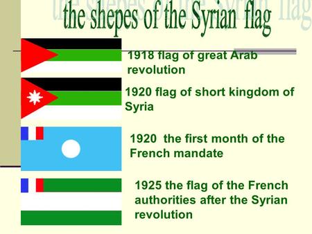 1918 flag of great Arab revolution 1920 flag of short kingdom of Syria 1920 the first month of the French mandate 1925 the flag of the French authorities.