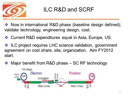 Office of Science U.S. Department of Energy 1  Now in international R&D phase (baseline design defined); validate technology, engineering design, cost.