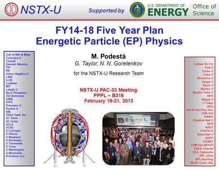 FY14-18 Five Year Plan Energetic Particle (EP) Physics M. Podestà G. Taylor, N. N. Gorelenkov for the NSTX-U Research Team NSTX-U PAC-33 Meeting PPPL –