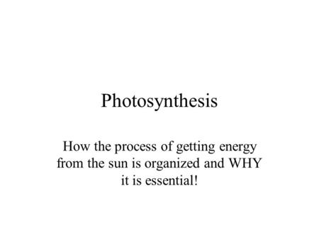 Photosynthesis How the process of getting energy from the sun is organized and WHY it is essential!