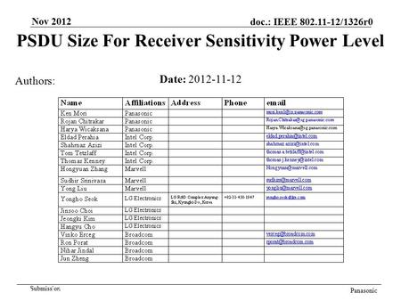 Submission doc.: IEEE 802.11-12/1326r0 Extend Submission Panasonic Nov 2012 PSDU Size For Receiver Sensitivity Power Level Date: 2012-11-12 Authors: