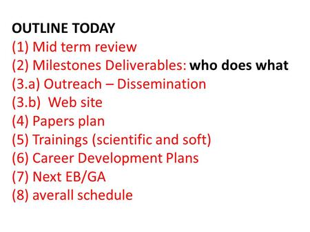 OUTLINE TODAY (1) Mid term review (2) Milestones Deliverables: who does what (3.a) Outreach – Dissemination (3.b) Web site (4) Papers plan (5) Trainings.