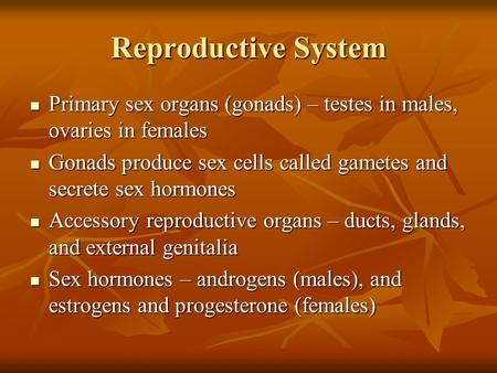 Reproductive System Primary sex organs (gonads) – testes in males, ovaries in females Gonads produce sex cells called gametes and secrete sex hormones.