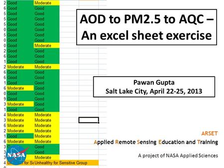 1 AOD to PM2.5 to AQC – An excel sheet exercise ARSET Applied Remote Sensing Education and Training A project of NASA Applied Sciences Pawan Gupta Salt.