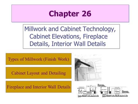 Chapter 26 Millwork and Cabinet Technology, Cabinet Elevations, Fireplace Details, Interior Wall Details Types of Millwork (Finish Work) Cabinet Layout.