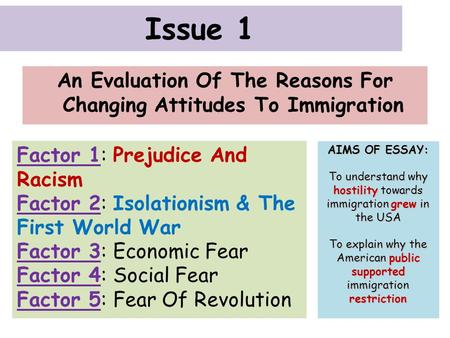 Issue 1 An Evaluation Of The Reasons For Changing Attitudes To Immigration Factor 1: Prejudice And Racism Factor 2: Isolationism & The First World War.
