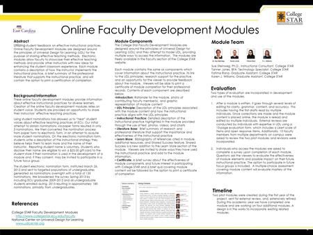 Online Faculty Development Modules Abstract Utilizing student feedback on effective instructional practices, Online Faculty Development Modules are designed.