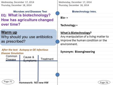 Page 75 Page 76 Biotechnology Intro. EQ: What is biotechnology? How has agriculture changed over time? Warm up Why should you use antibiotics as prescribed?