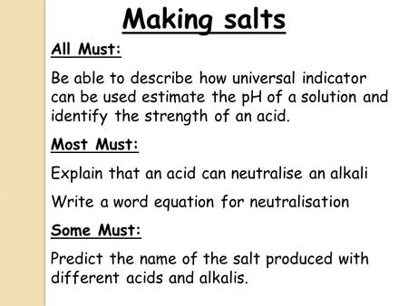 Making salts All Must: Be able to describe how universal indicator can be used estimate the pH of a solution and identify the strength of an acid. Most.