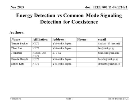 Doc.: IEEE 802.11-09/1210r1 Submission Nov 2009 Tuncer Baykas, NICT.Slide 1 Energy Detection vs Common Mode Signaling Detection for Coexistence Authors: