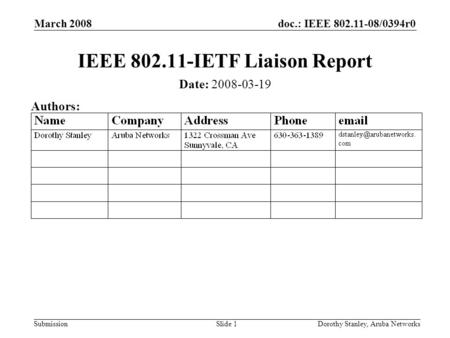 Doc.: IEEE 802.11-08/0394r0 Submission March 2008 Dorothy Stanley, Aruba NetworksSlide 1 IEEE 802.11-IETF Liaison Report Date: 2008-03-19 Authors: