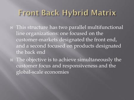  This structure has two parallel multifunctional line organizations: one focused on the customer-markets designated the front end, and a second focused.