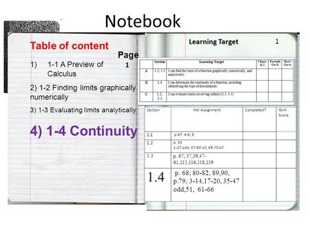 Notebook Table of content Page 1 Learning Target 1 1)1-1 A Preview of Calculus 2) 1-2 Finding limits graphically and numerically 3) 1-3 Evaluating limits.