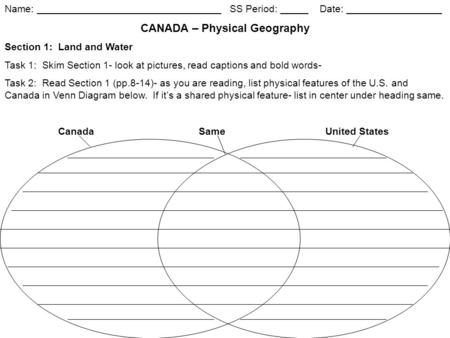 Name: _________________________________SS Period: _____Date: _________________ CANADA – Physical Geography Section 1: Land and Water Task 1: Skim Section.
