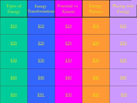 $20 $30 $40 $50 $10 $30 $40 $50 $10 $20 $30 $40 $50 $10 $20 $30 $40 $50 $10 $20 $30 $40 $50 $10 Types of Energy Transformations Potential vs. Kinetic.