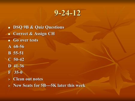 9-24-12 DSQ 9B & Quiz Questions DSQ 9B & Quiz Questions Correct & Assign CH Correct & Assign CH Go over tests Go over tests A 68-56 B 55-51 C 50-42 D 41-36.