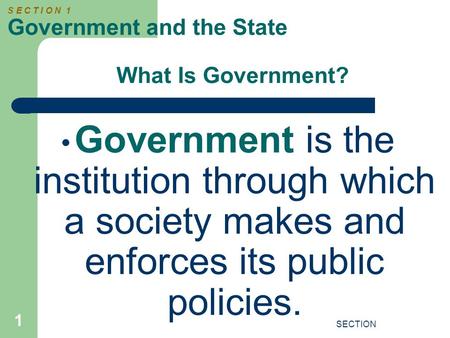 SECTION 1 What Is Government? Government is the institution through which a society makes and enforces its public policies. S E C T I O N 1 Government.