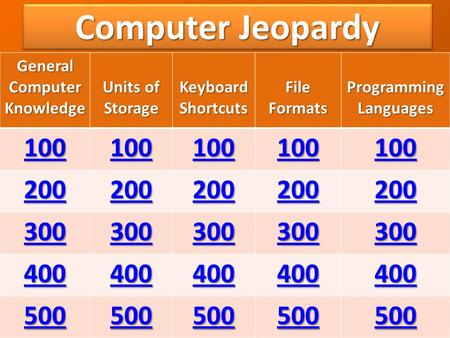General Computer Knowledge Units of Storage Keyboard Shortcuts File Formats Programming Languages 100 200 300 400 500 Computer Jeopardy.