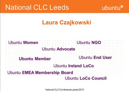 National CLC Conference Leeds 2010 National CLC Leeds Laura Czajkowski Ubuntu Women Ubuntu Advocate Ubuntu Ireland LoCo Ubuntu EMEA Membership Board Ubuntu.
