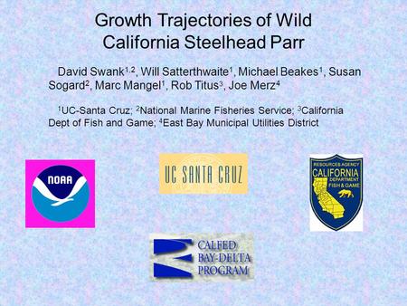 Growth Trajectories of Wild California Steelhead Parr David Swank 1,2, Will Satterthwaite 1, Michael Beakes 1, Susan Sogard 2, Marc Mangel 1, Rob Titus.