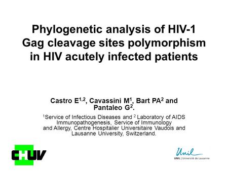 Phylogenetic analysis of HIV-1 Gag cleavage sites polymorphism in HIV acutely infected patients Castro E 1,2, Cavassini M 1, Bart PA 2 and Pantaleo G 2.
