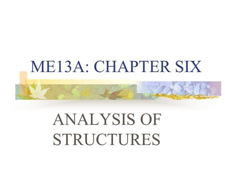 ME13A: CHAPTER SIX ANALYSIS OF STRUCTURES. STRUCTURE DEFINED A structure is a rigid body made up of several connected parts or members designed to withstand.