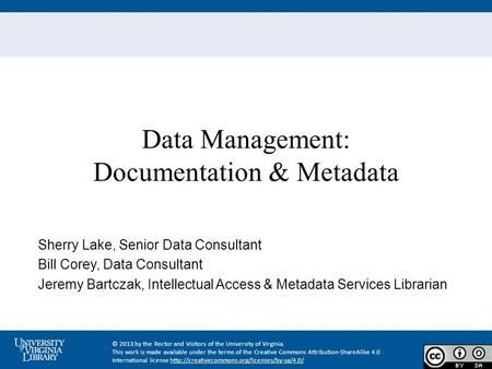 Data Management: Documentation & Metadata Sherry Lake, Senior Data Consultant Bill Corey, Data Consultant Jeremy Bartczak, Intellectual Access & Metadata.