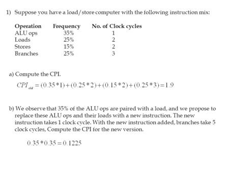 Operation Frequency No. of Clock cycles ALU ops %	1 Loads	25%	2