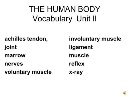 THE HUMAN BODY Vocabulary Unit II achilles tendon, involuntary muscle joint ligament marrow muscle nerves reflex voluntary musclex-ray.