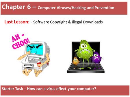 Chapter 6 – Computer Viruses/Hacking and Prevention Starter Task – How can a virus effect your computer? Last Lesson: - Software Copyright & illegal Downloads.